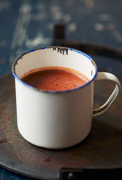 Paul A Young’s Hot Chocolate in a tin mug