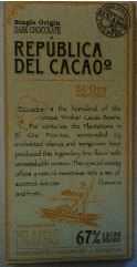 Republica Del Cacao El Oro 67 Chocolate Bar