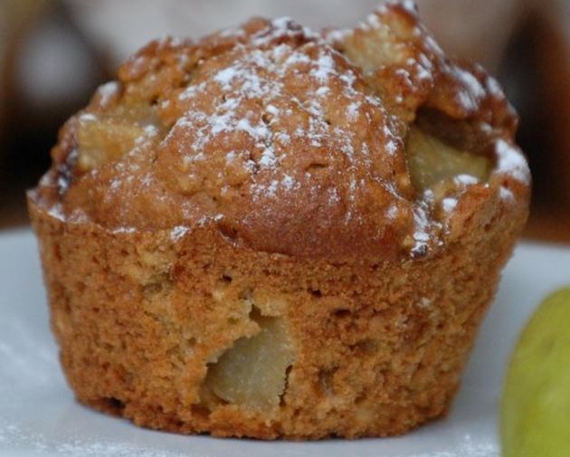 Healthy Breakfast Muffins with Sweet Roasted Pears and White Chocolate Chips