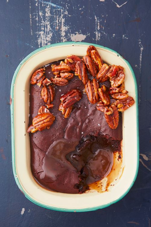 Chocolate Brownie Pudding with Salted Caramel and Toffee Pecans