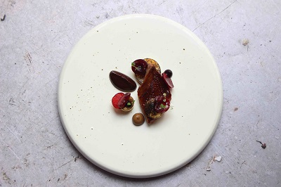 Chocolate Week Menu item Pigeon, Last Summer’s Cherries, Acidulated Chocolate