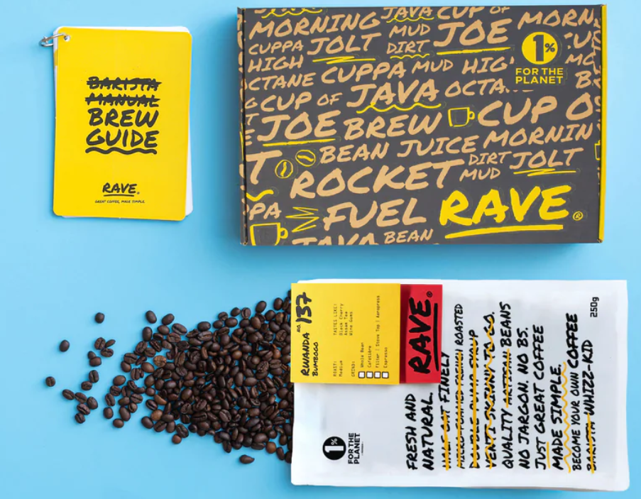 Image of coffee bag with beans spilling out of it, a box the bag is delivered in and a coffee brewing guide